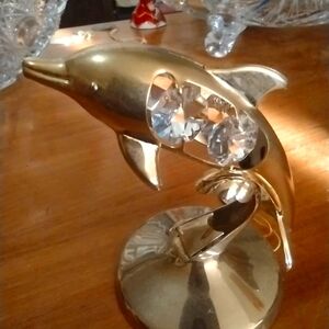 Mid-Century MASCOT Crystal & Gold Light Catcher Figurine Crystal Dolphin 14K HGE